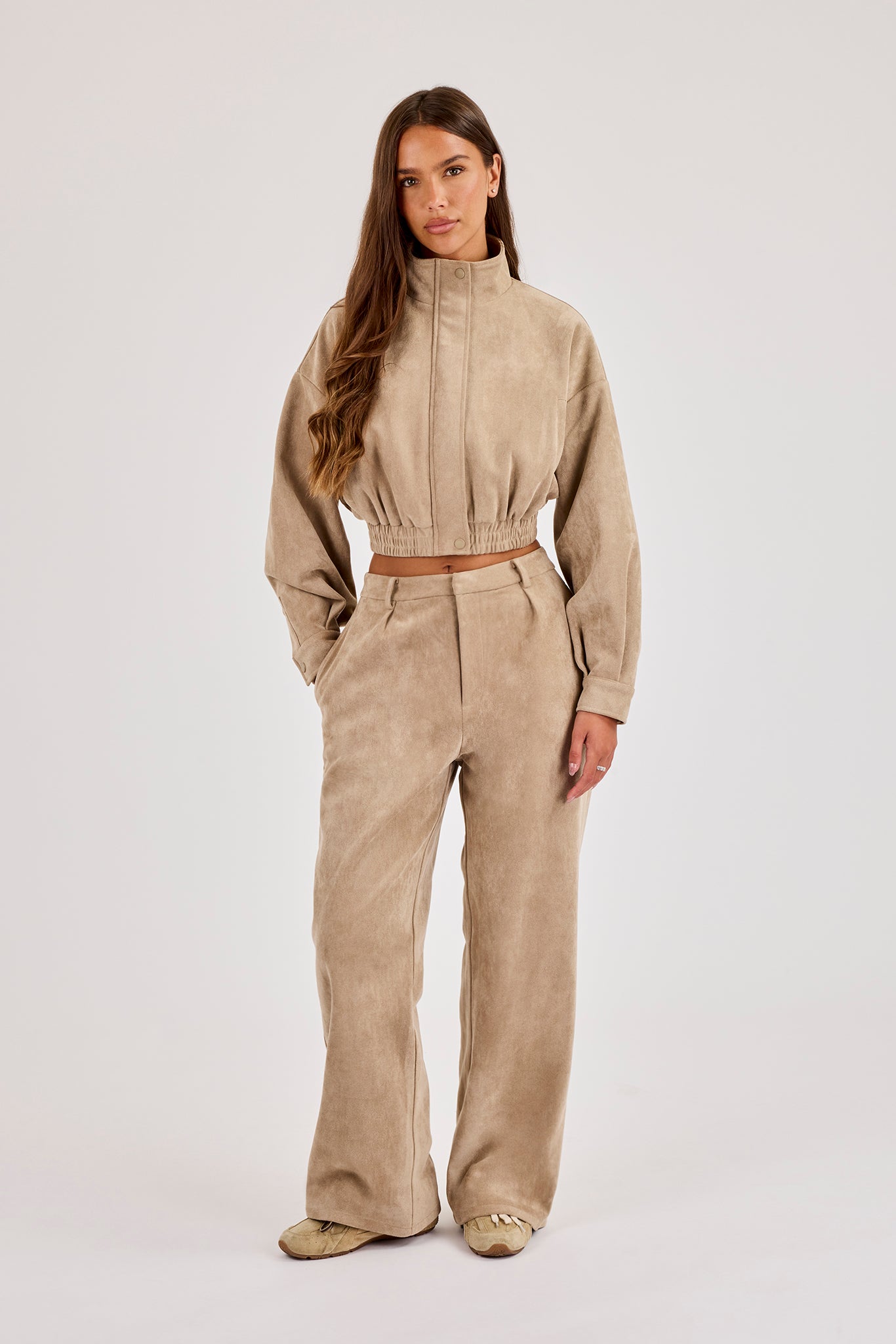 Suede Cropped Funnel Neck Jacket & Wide Leg Jogger - Beige
